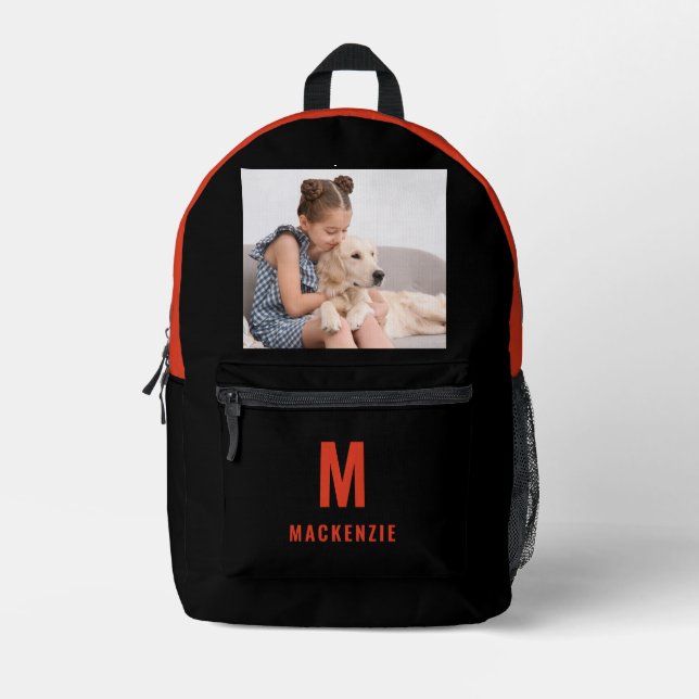 Funny Dog Pet Photo Orange Monogram Personalized Printed Backpack (Front)