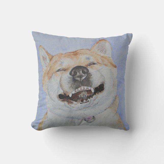 funny dog picture of akita smiling throw pillow (Front)