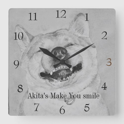 funny dog picture of akita smiling with fun slogan square wall clock