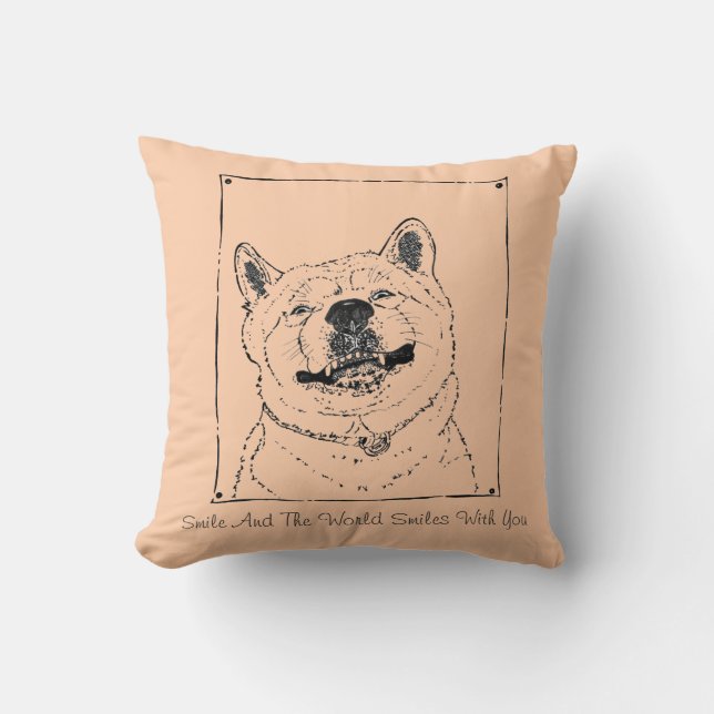 funny dog picture of akita smiling with fun slogan throw pillow (Front)