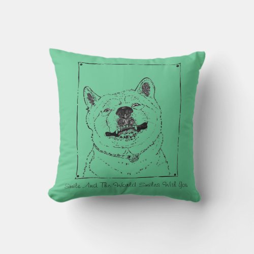 funny dog picture of akita smiling with slogan throw pillow