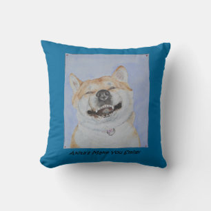 funny dog picture of akita smiling with slogan throw pillow