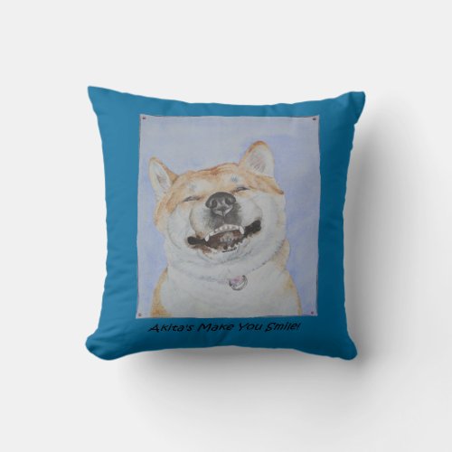 funny dog picture of akita smiling with slogan throw pillow