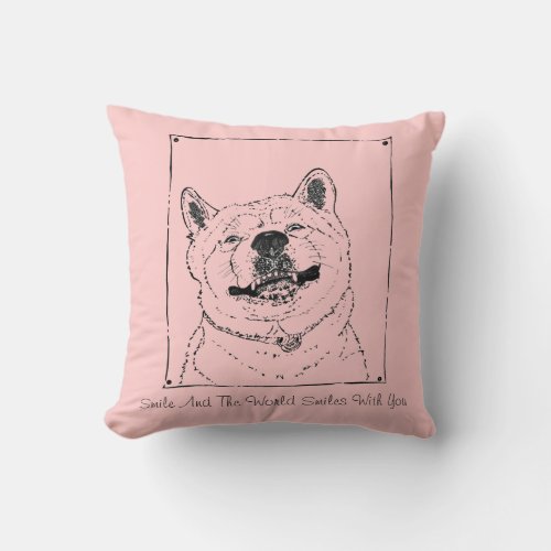 funny dog picture of akita smiling with slogan throw pillow