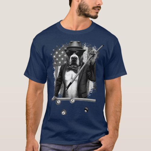 Funny Dog Playing Pool Billiard American Flag Blac T_Shirt