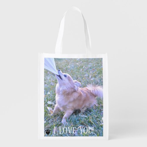 Funny Dog Pulling On Shirt Customized Text Grocery Bag