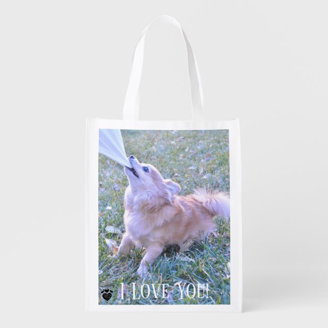 Funny Dog Pulling On Shirt Customized Text Grocery Bag (Front)