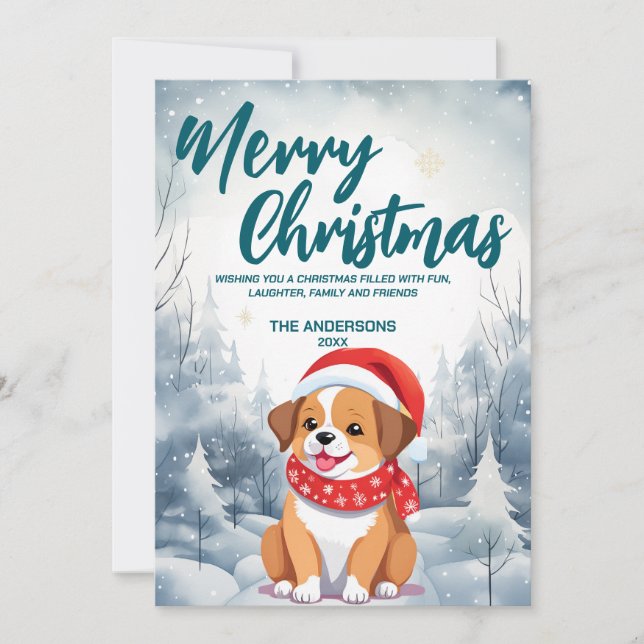 Funny Dog puppy Merry Xmas tree snow Holiday party (Front)