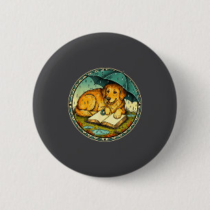 Funny Dog Reading Book Rain Cozy Umbrella Cute Art Button