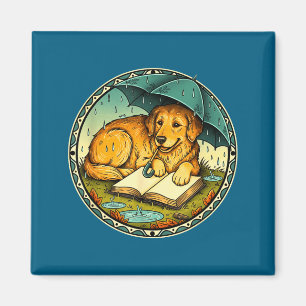 Funny Dog Reading Book Rain Cozy Umbrella Cute Art Magnet
