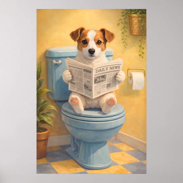 Funny Dog Reading Toilet Poster, Humorous Bathroom Poster (Front)