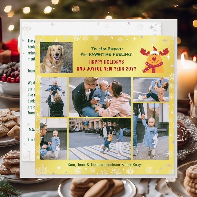 Funny Dog & Rudolph Happy Holidays Golden 7 Photos Holiday Card (Cute Funny Modern Rudolph & Dog Pawsitive Happy Holidays Joyful New Year 7 Photos Snowflakes Golden)