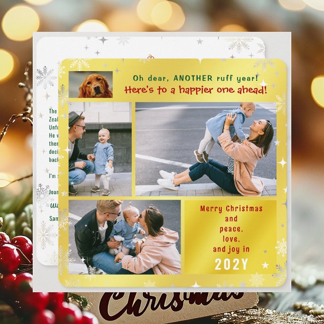 Funny Dog Ruff Year Peace Love Joy 4 Photos Golden Holiday Card (Elegant Golden Cute Funny Dog Oh Dear Ruff Year Merry Christmas 4 Photos Peace Love Joy Xmas Letter)