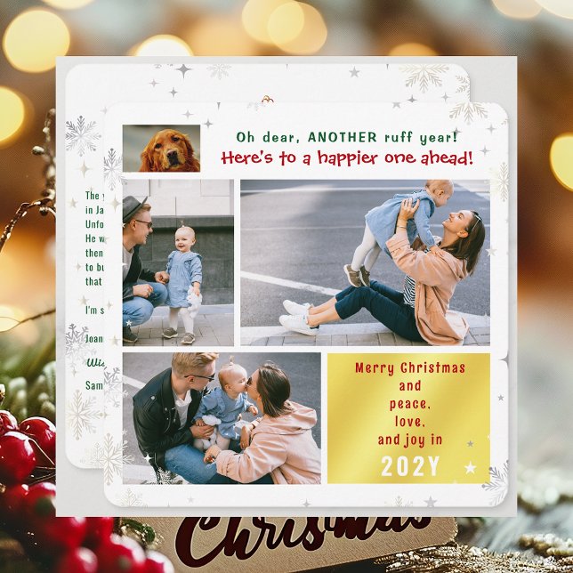 Funny Dog Ruff Year Peace Love Joy 4 Photos Modern Holiday Card (Cute Funny Dog Oh Dear Ruff Year Merry Christmas 5 Photos Peace Love Joy Elegant Xmas Tree Letter)