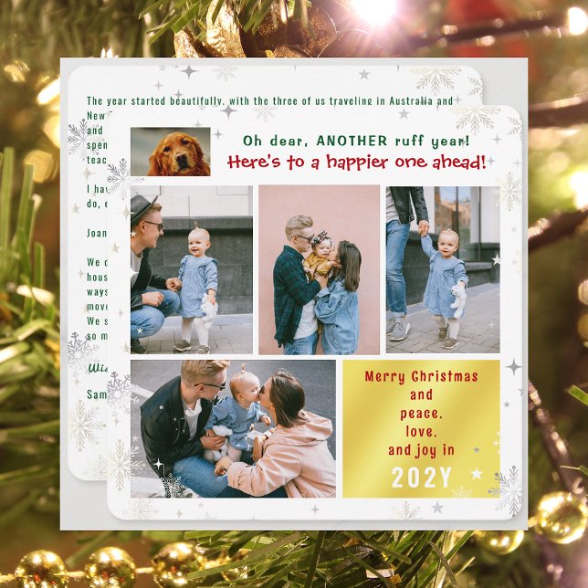 Funny Dog Ruff Year Peace Love Joy Cute 5 Photos Holiday Card (Funny Dog Oh Dear Another Ruff Year 5 Photos Merry Christmas Peace Love Joy Cute Snow Elegant Modern)