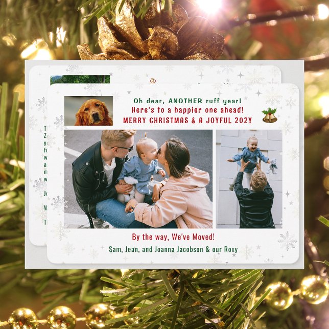 Funny Dog Ruff Year We've Moved 4 Photos Collage Holiday Card (Funny Pet Dog Ruff Year Christmas New Year Card We've Moved 5 Photos Elegant Cute Modern Snowflakes)