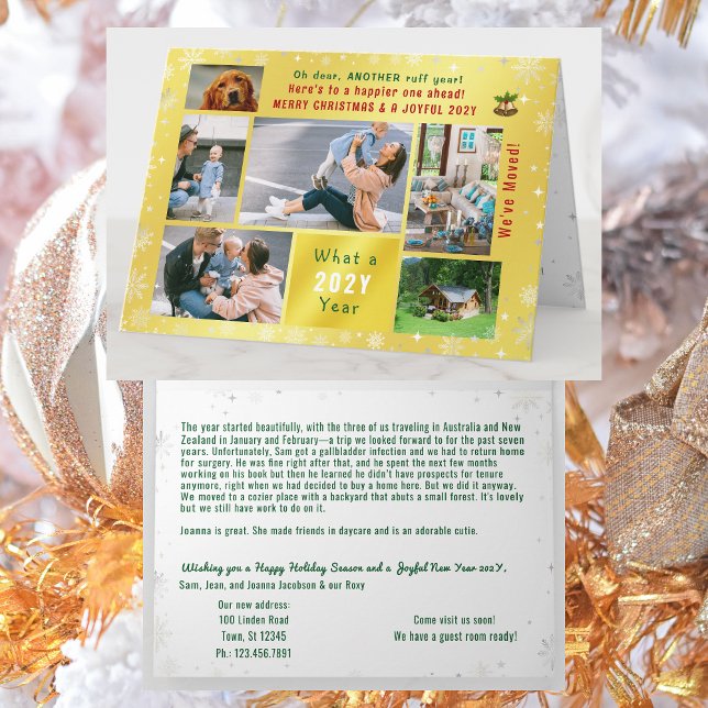 Funny Dog Ruff Year We've Moved 6 Photos Golden Card (Funny dog Ruff year Christmas card. 6 Photos. Peace, love, joy. We've Moved. Elegant, golden. Snow)