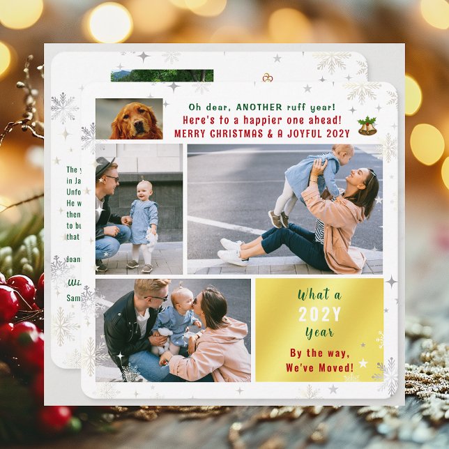 Funny Dog Ruff Year We've Moved New Home 5 Photos Holiday Card (Funny Pet Dog Ruff Year New Home Christmas New Year Card We've Moved 5 Photos Elegant Cute Modern)