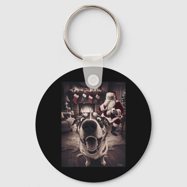 Funny Dog Selfie With Santa Xmas Christmas  Keychain (Front)
