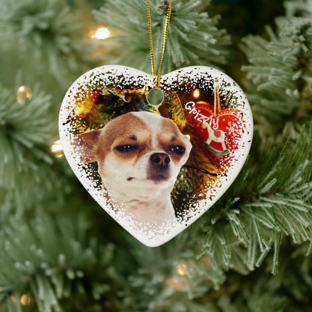 Funny dog snow Christmas Ceramic Heart Ornament (Tree)