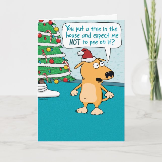 Funny Dog vs. Tree Christmas Holiday Card (Front)