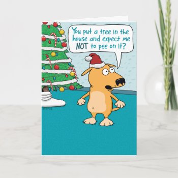 Funny Dog Vs. Tree Christmas Holiday Card by chuckink at Zazzle
