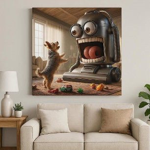 Funny Dog vs Vacuum Faux Canvas Print