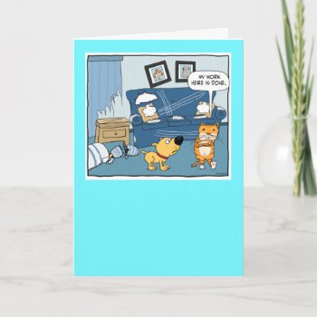 Funny Dog Watches Cat Destroy Room Birthday Card by chuckink at Zazzle