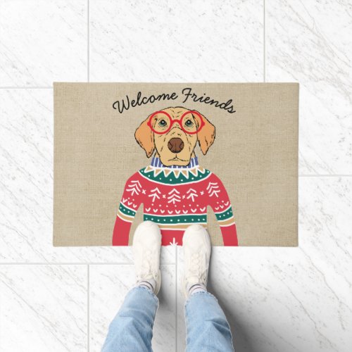 Funny Dog Wearing Glasses Ugly Christmas Sweater Doormat