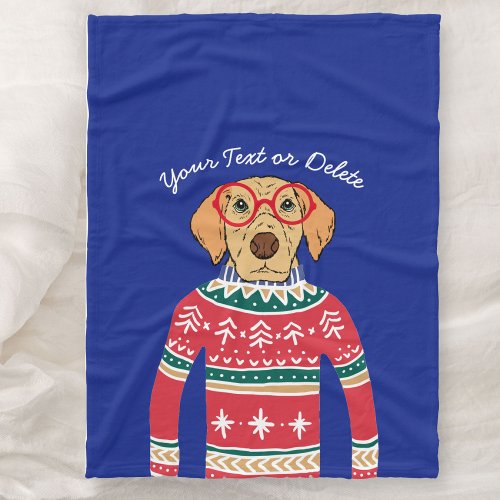 Funny Dog Wearing Glasses Ugly Christmas Sweater Fleece Blanket