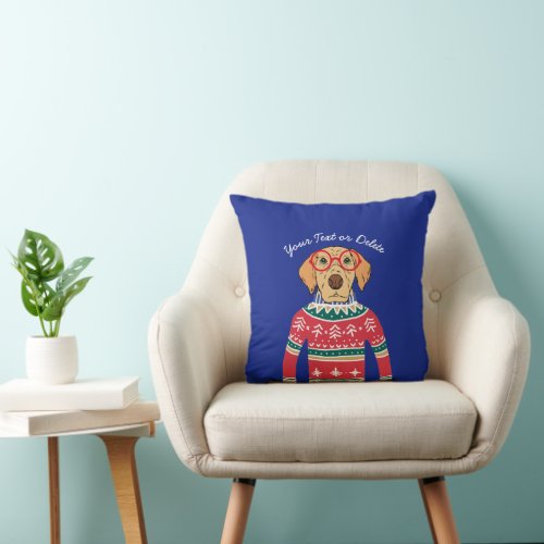 Funny Dog Wearing Glasses Ugly Christmas Sweater Throw Pillow