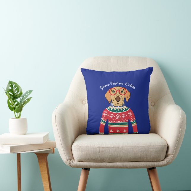 Funny Dog Wearing Glasses, Ugly Christmas Sweater Throw Pillow (Chair)