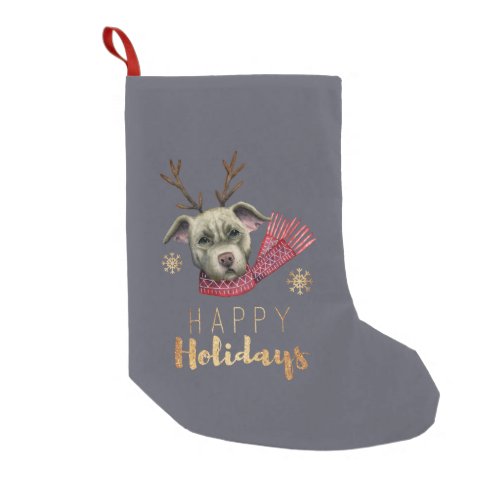 Funny Dog with Antlers Happy Holidays Small Christmas Stocking