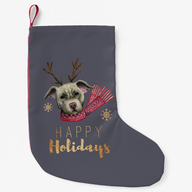 Funny Dog with Antlers, Happy Holidays Small Christmas Stocking (Front)