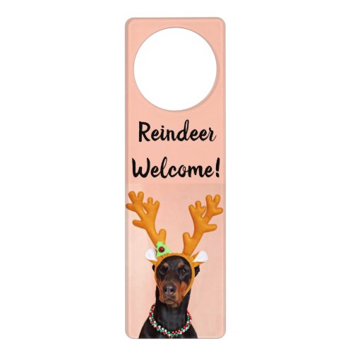 Funny Dog With Antlers Reindeer Welcome Door Hanger