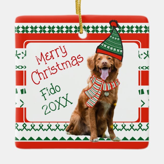 Funny Dog with Elf Hat and Scarf Red Green Custom Ceramic Ornament (Front)