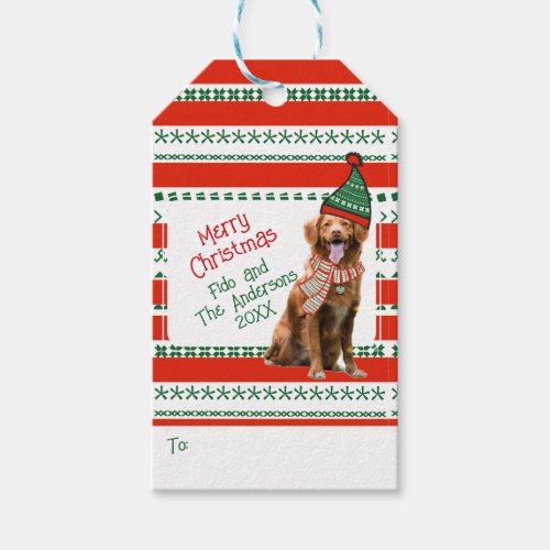Funny Dog with Elf Hat and Scarf Red Green Custom Gift Tags