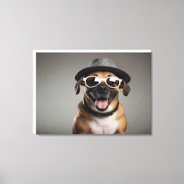 Funny dog with glasses and hat canvas print (Front)