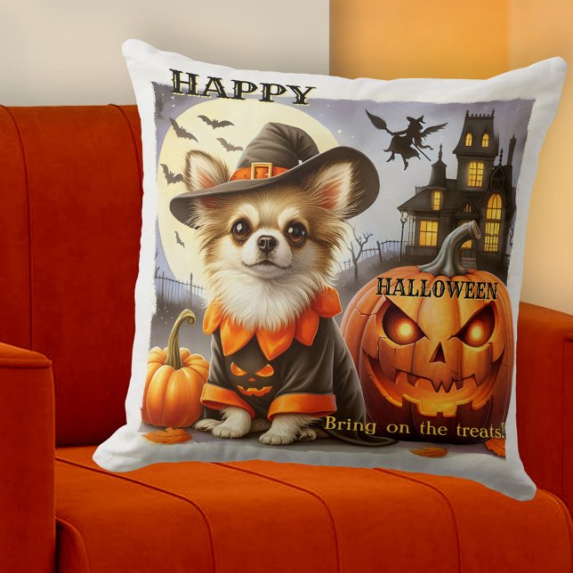 Funny Dog with Pumpkins Halloween Treats Throw Pillow (Colorful artistic pillow featuring a funny dog dressed up for Halloween, surrounded by pumpkins)