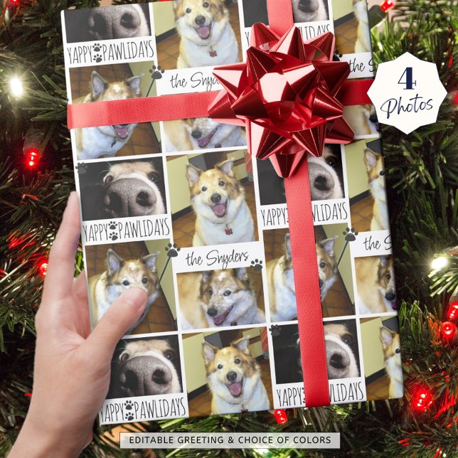 Funny Dog YAPPY PAWLIDAYS 4 Photo Personalized Wrapping Paper (Creator Uploaded)
