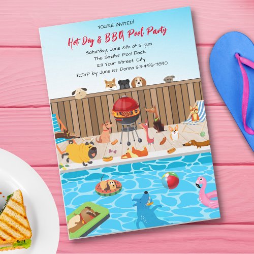 Funny Dogs at Hot Dog  BBQ Pool Party Invitation