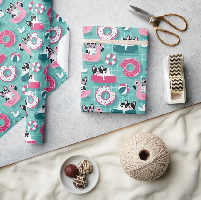 Funny Dogs At The Beach Flamingos Wrapping Paper (Crafts)