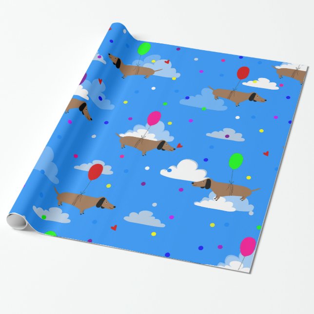funny dogs dachshund balloons clouds wrapping paper (Unrolled)