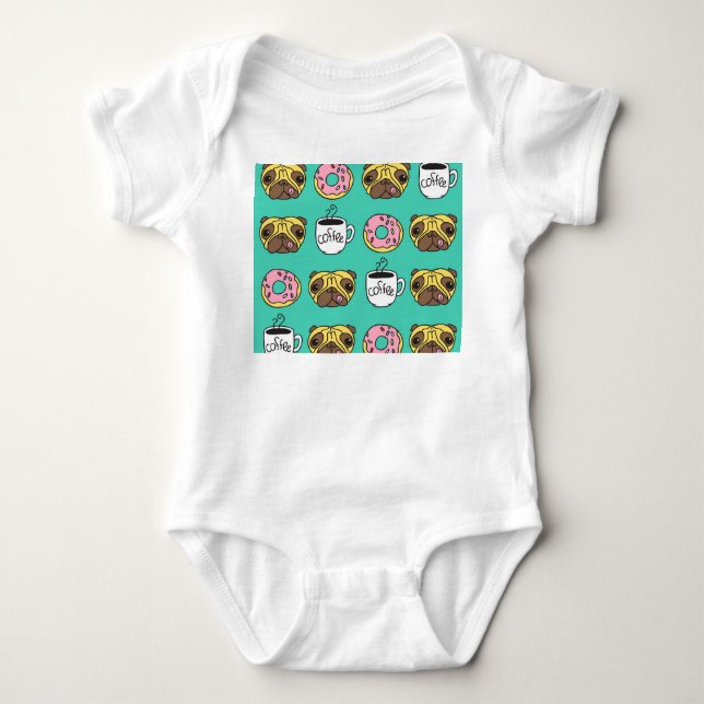 Funny dogs, donuts, coffee pattern. baby bodysuit (Front)