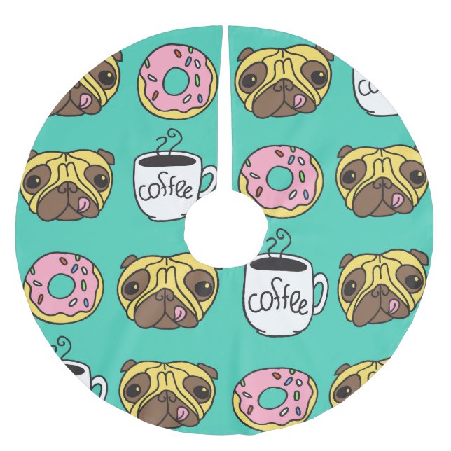 Funny dogs, donuts, coffee pattern. brushed polyester tree skirt (Front)