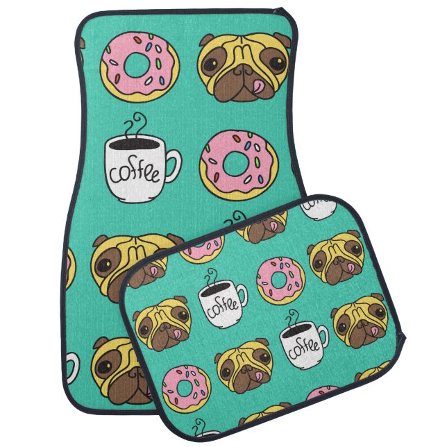Funny dogs, donuts, coffee pattern. car floor mat (Set)