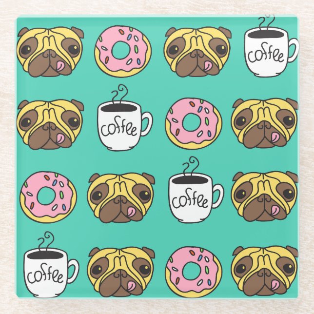 Funny dogs, donuts, coffee pattern. glass coaster (Front)