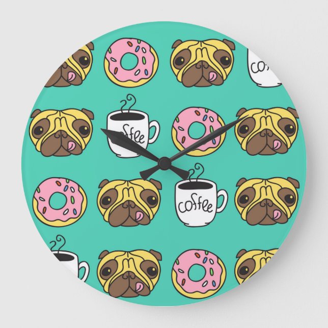 Funny dogs, donuts, coffee pattern. large clock (Front)