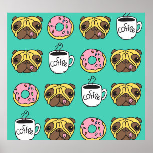 Funny dogs, donuts, coffee pattern. poster