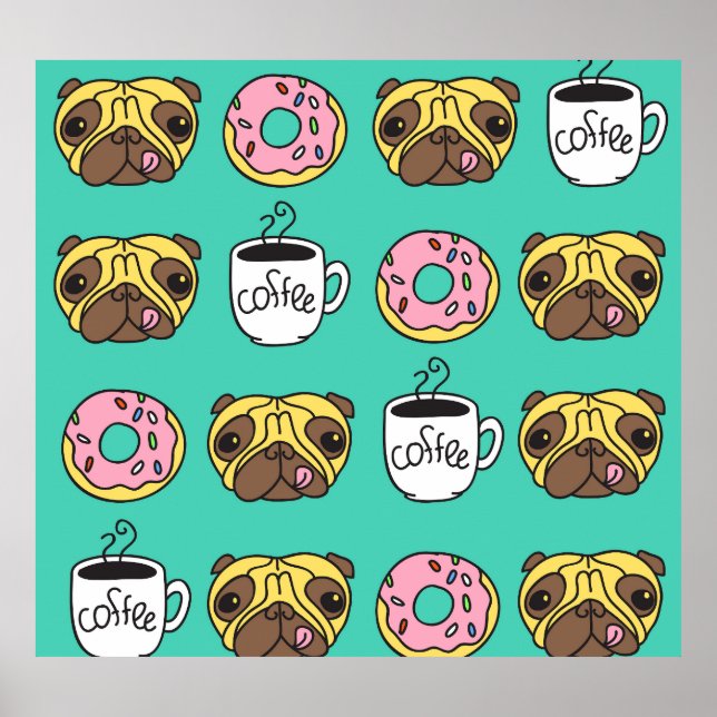 Funny dogs, donuts, coffee pattern. poster (Front)